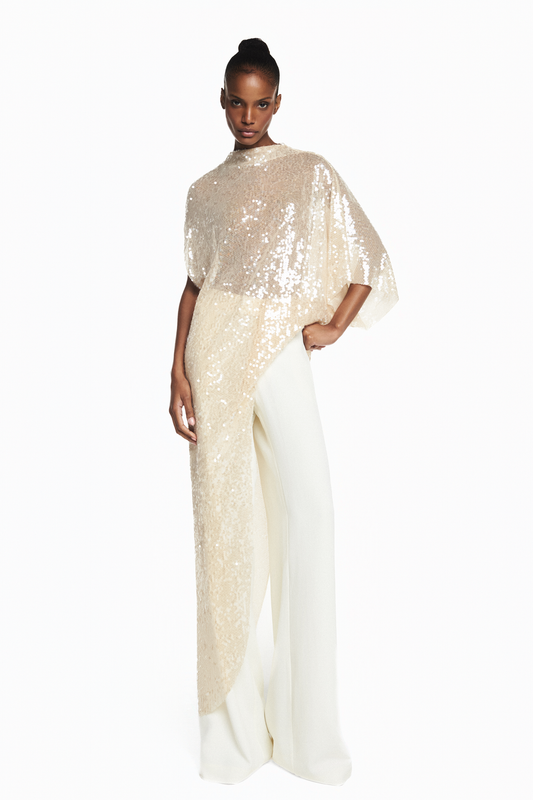 BLUSA KAFTAN ASSIMÉTRICA PAETÊ BEGE
