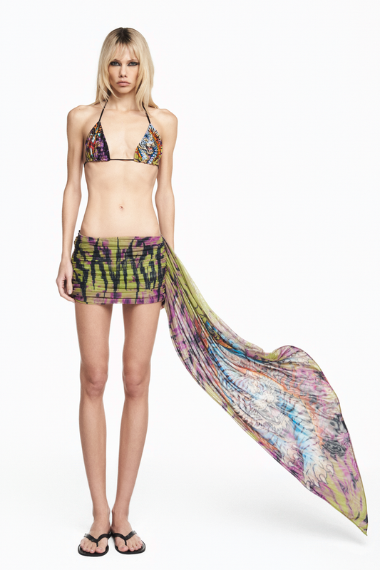 MINI SAIA DRAPEADA FAIXA LATERAL TULE TATTOO TIGRE TIE DYE
