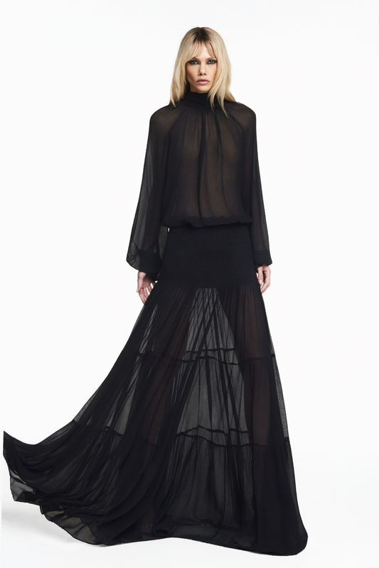 BLUSA MANGA LONGA GOLA ALTA CHIFFON PRETO