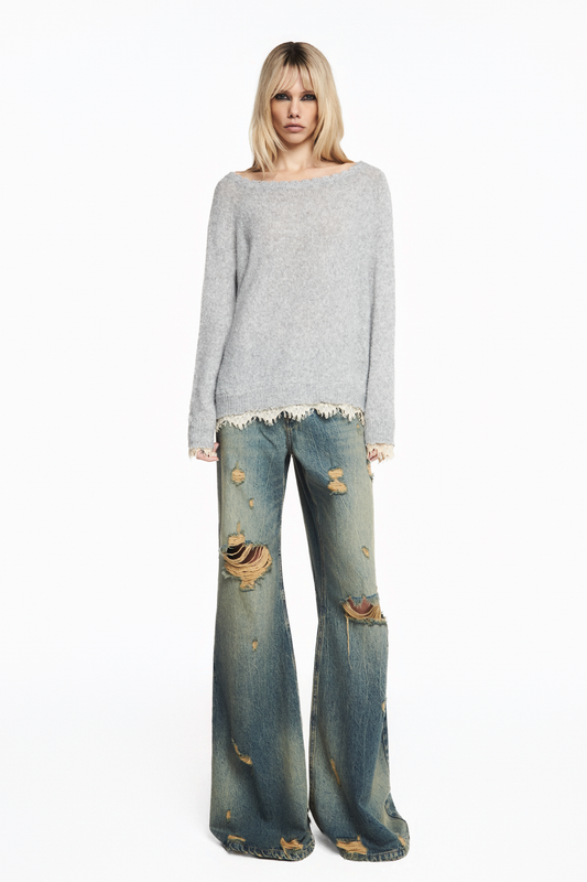 BLUSA TRICOT CINZA RENDA BARRA