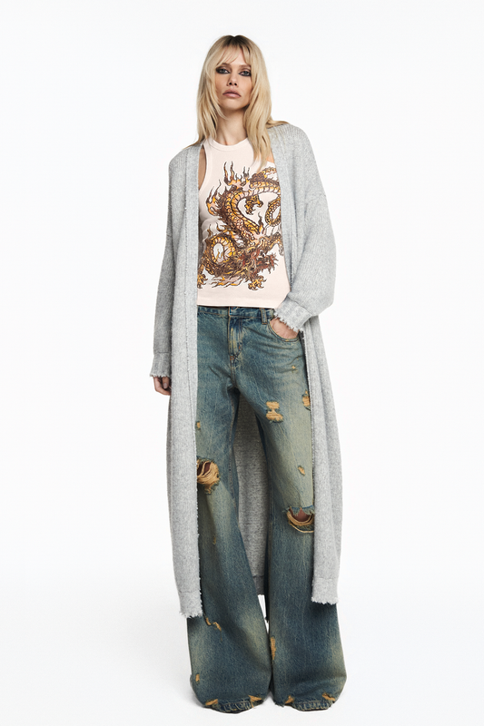 CARDIGAN TRICOT LONGO CINZA