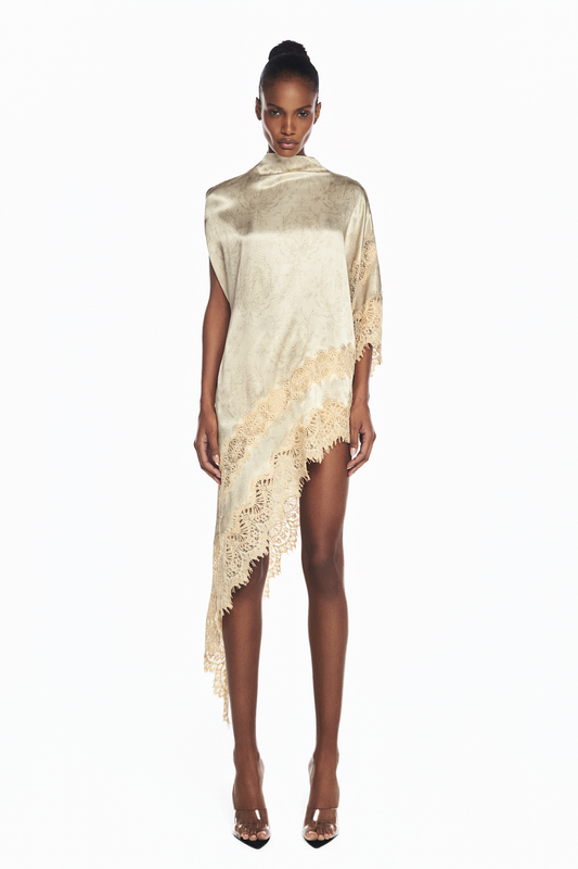 BLUSA KAFTAN ASSIMÉTRICA CETIM LAÇO BEGE RENDA BEGE