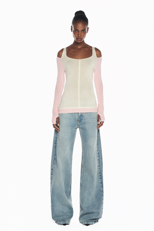 BLUSA MANGA LONGA BICOLOR MALHA BEGE E ROSA