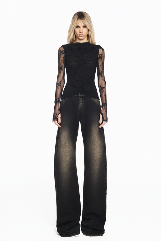BLUSA MANGA LONGA RENDA CORPO DRAPEADO TULE PRETO