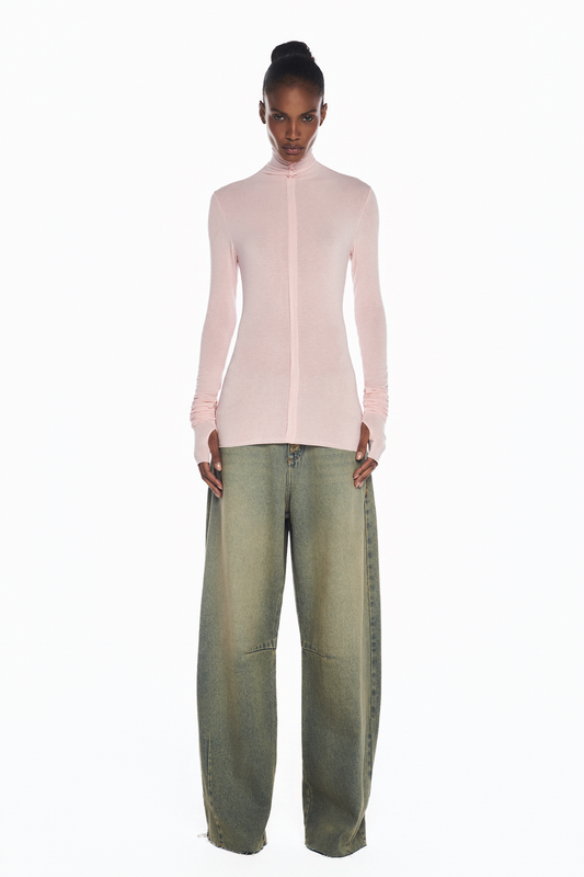 BLUSA GOLA ALTA MANGA LONGA FRANZIDA MALHA ROSA