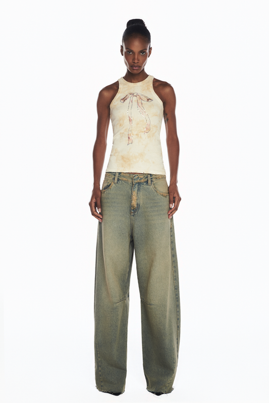 CALÇA JEANS BAGGY AZUL AMARELADA