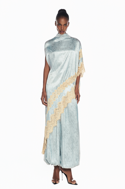 BLUSA KAFTAN ASSIMÉTRICA CETIM LAÇO AZUL RENDA BEGE