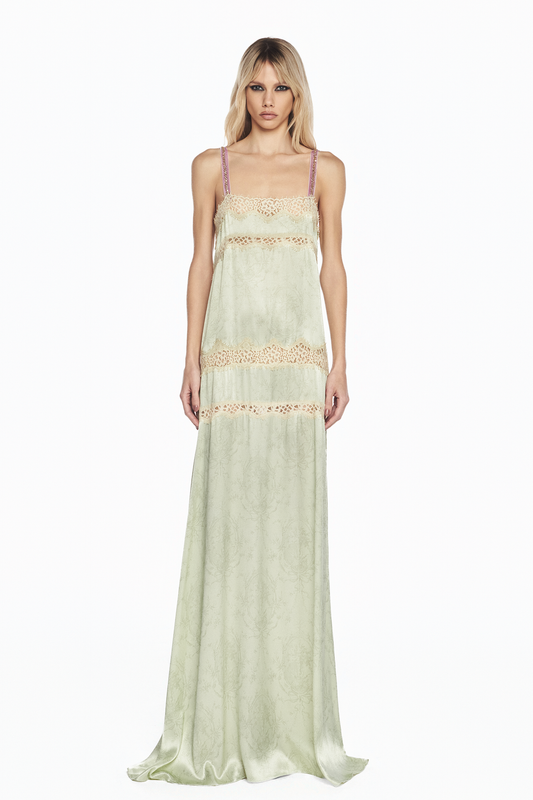 VESTIDO LONGO CETIM LAÇO VERDE RENDA BEGE