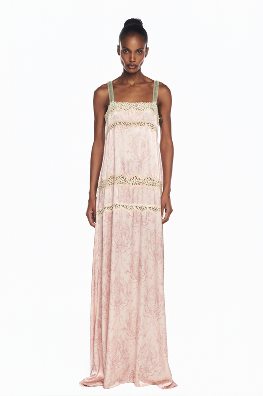 VESTIDO LONGO CETIM LAÇO ROSA RENDA BEGE