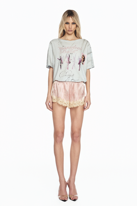 SHORTS ELÁSTICO CÓS CETIM LAÇO ROSA RENDA BEGE