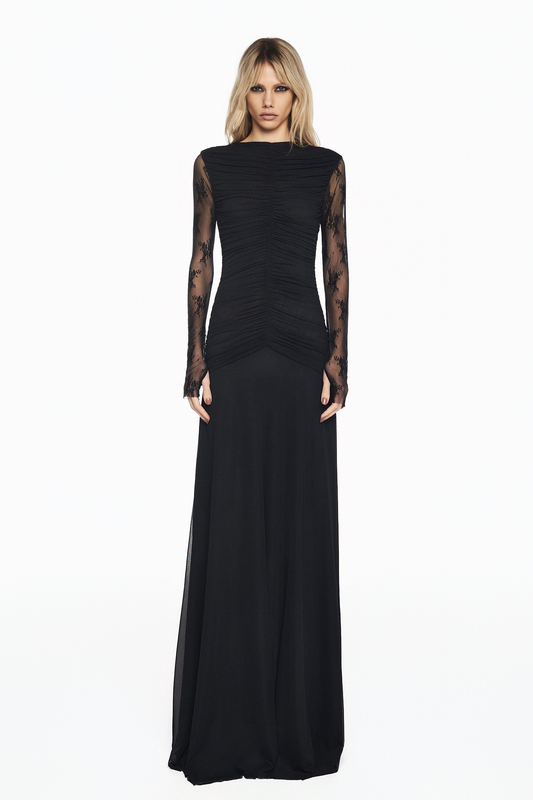 VESTIDO LONGO MANGA LONGA RENDA CORPO DRAPEADO TULE PRETO
