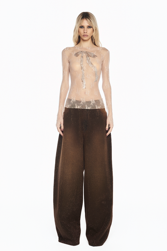 CALÇA JEANS MARROM PEDRAS