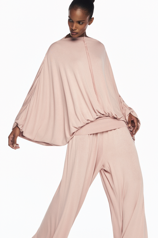 BLUSA AMPLA MANGA RAGLAN ELÁSTICO PUNHO E BARRA MALHA ROSA
