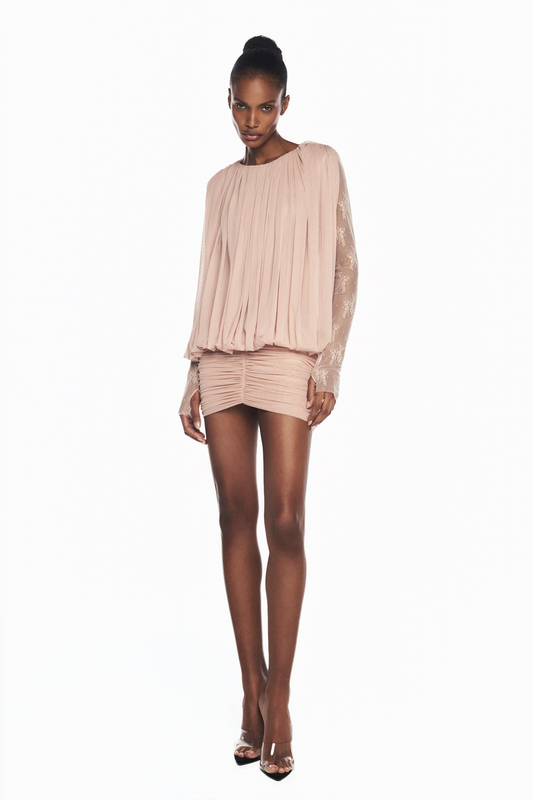 VESTIDO CURTO MANGA LONGA RENDA ROSA CORPO E PALA DRAPEADO TULE ROSA