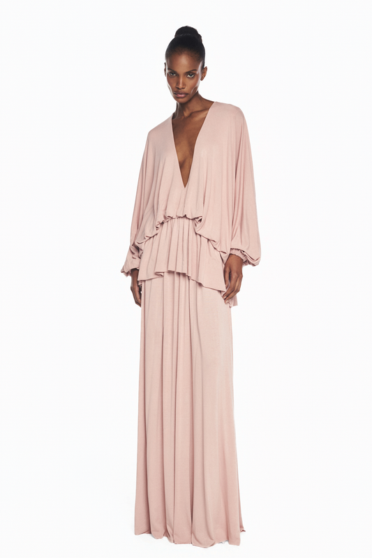 VESTIDO LONGO AMPLO MANGA LONGA DECOTE V BABADO BALONÊ MALHA ROSA