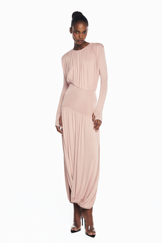 VESTIDO LONGO MANGA LONGA SAIA TORCIDA CORPO DRAPEADO MALHA ROSA