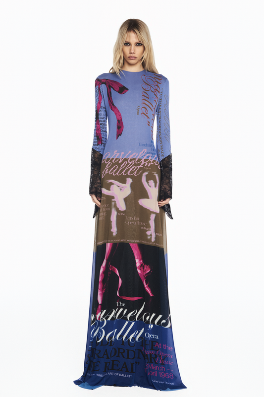 VESTIDO LONGO MANGA LONGA TULE E RENDA BALLET LAÇO