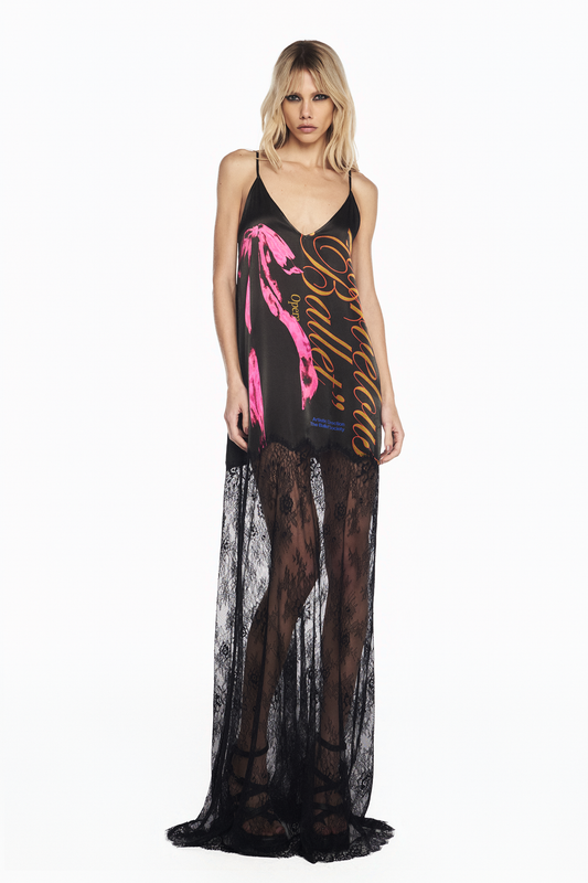 VESTIDO LONGO CETIM SAIA RENDA BALLET LAÇO