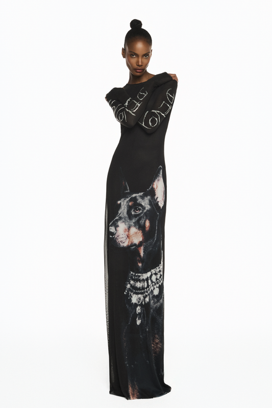 VESTIDO LONGO MANGA LONGA TULE DOBERMANN PEDRA