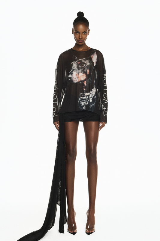 BLUSA MANGA LONGA QUADRADA TULE DOBERMANN PEDRA
