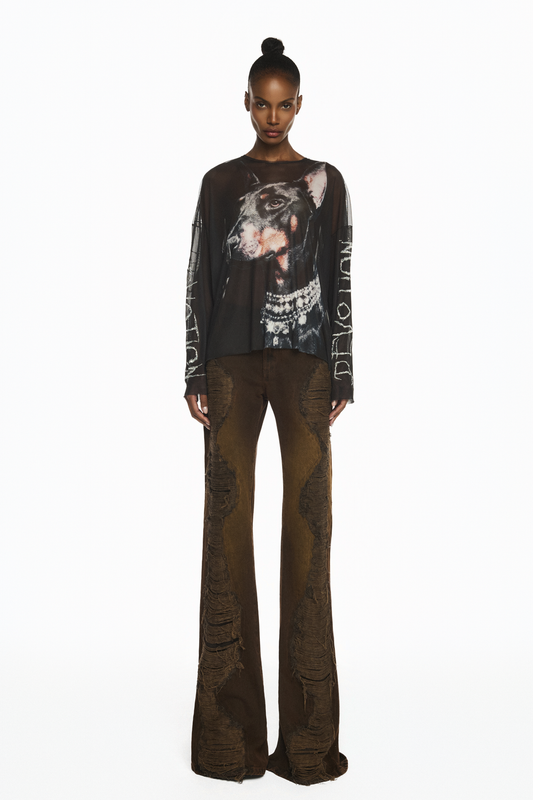 CALÇA JEANS MARROM FLARE RASGOS FRONTAIS