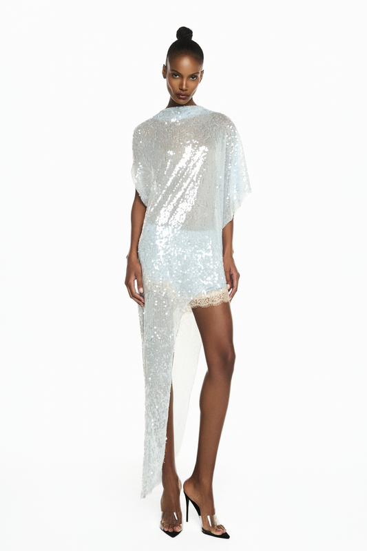 BLUSA KAFTAN ASSIMÉTRICA PAETÊ AZUL