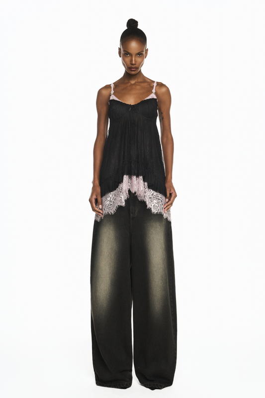 CALÇA JEANS WASHED BLACK PERNA AMPLA BALLOON