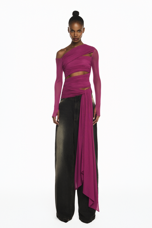 BLUSA TRANSPASSES MANGA LONGA TULE FUCSIA