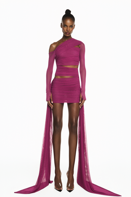 VESTIDO CURTO TRANSPASSES MANGA LONGA TULE FUCSIA