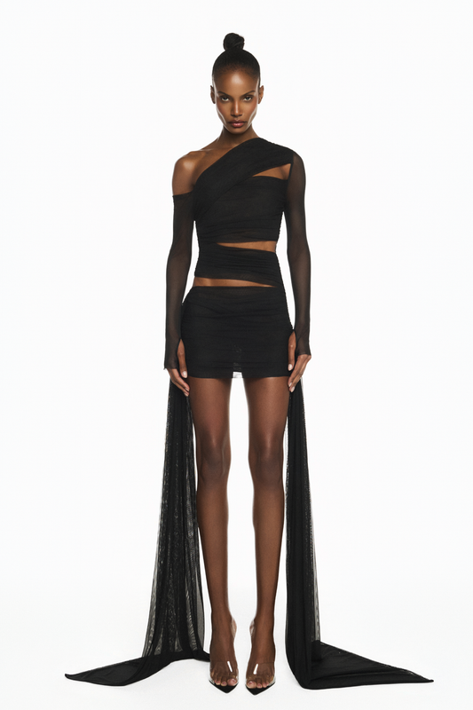VESTIDO CURTO TRANSPASSES MANGA LONGA TULE PRETO