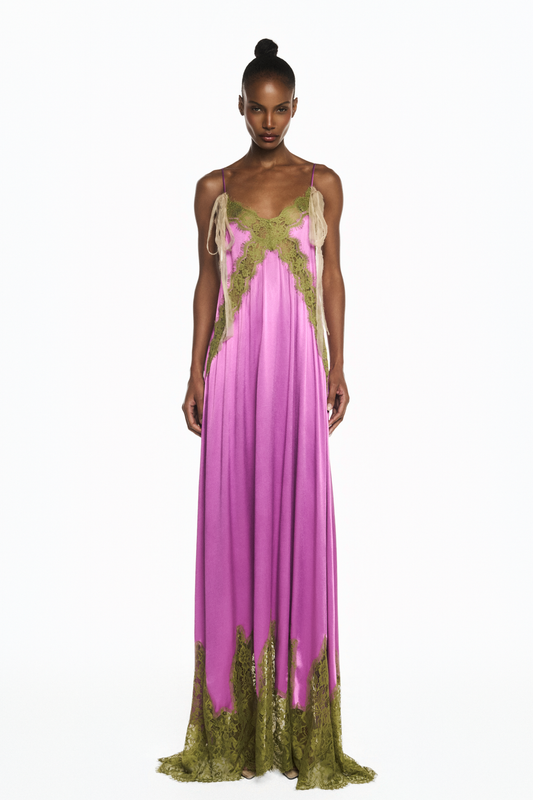 VESTIDO LONGO CETIM FUCSIA RENDA VERDE