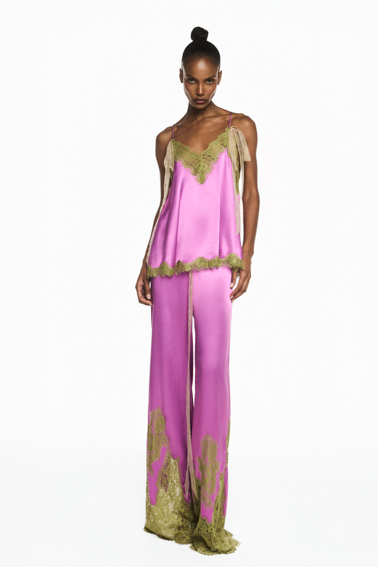 CALÇA ELÁSTICO CÓS CETIM FUCSIA RENDA VERDE