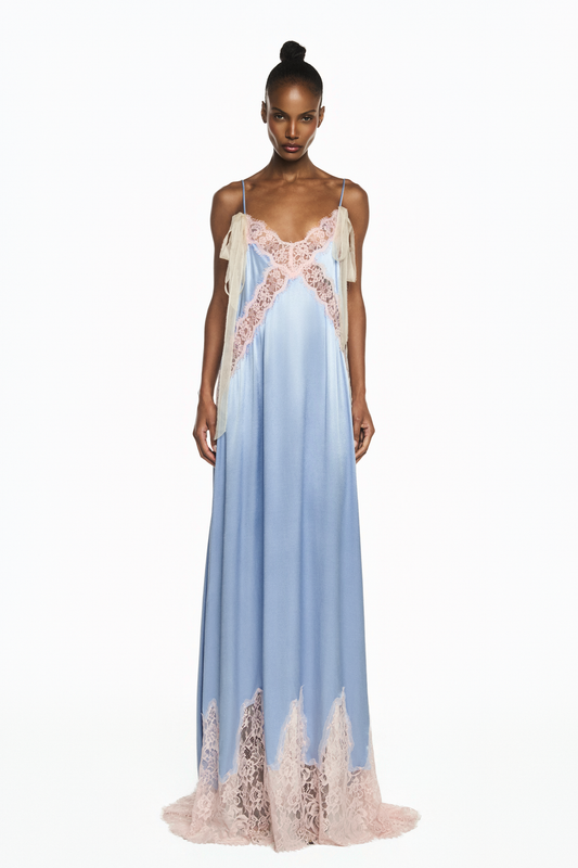 VESTIDO LONGO CETIM AZUL RENDA ROSA