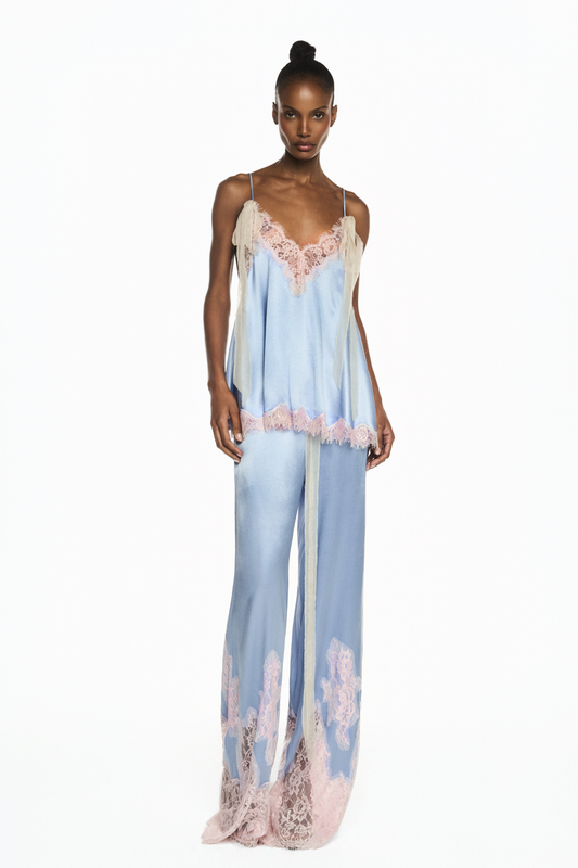 CALÇA ELÁSTICO CÓS CETIM AZUL RENDA ROSA