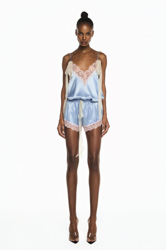 SHORTS ELÁSTICO CÓS CETIM AZUL RENDA ROSA