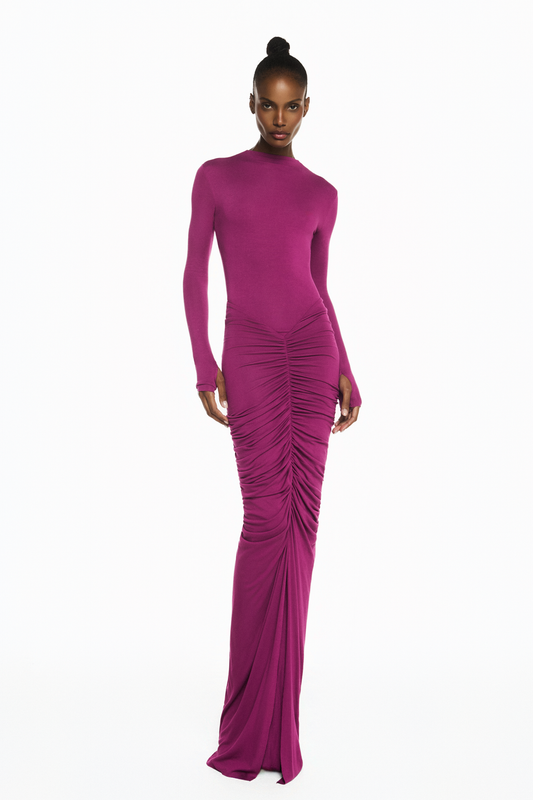 VESTIDO LONGO MANGA LONGA SAIA DRAPEADA COSTAS ABERTAS MALHA FUCSIA