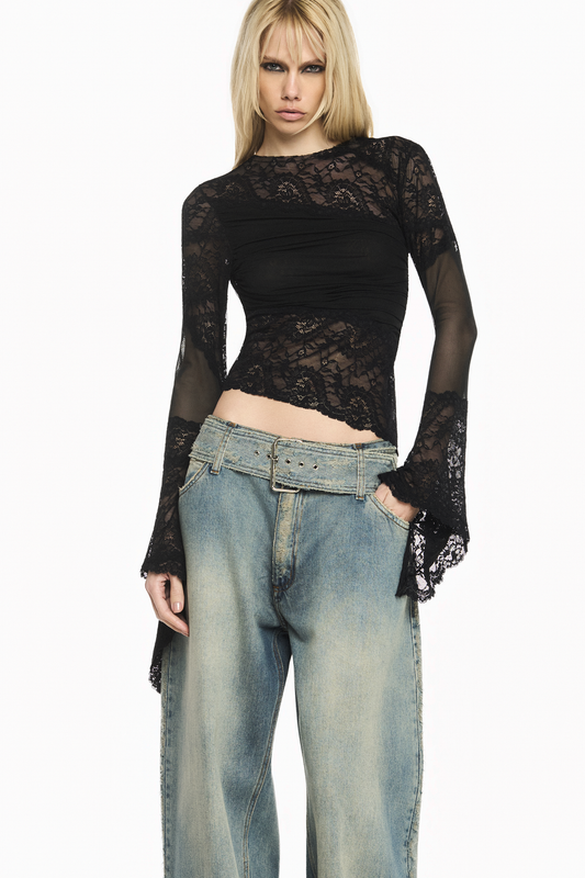 BLUSA MANGA LONGA TULE E RENDA PRETA