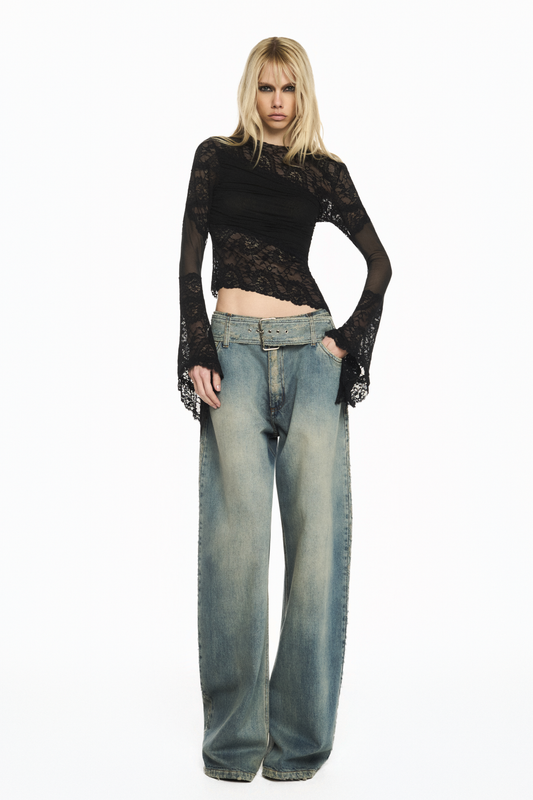 CALÇA JEANS PERNA LARGA CINTO