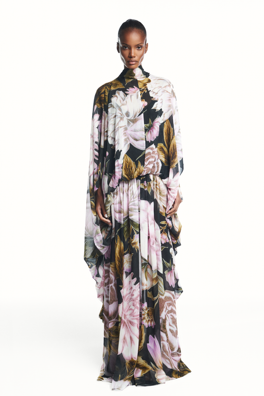 VESTIDO LONGO AMPLO CAPA GEORGETE FLORAL PRETO (8980757610723)