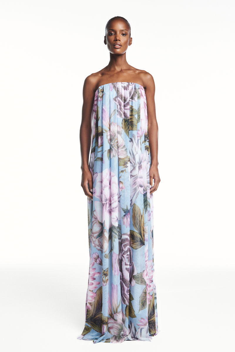 VESTIDO LONGO AMPLO TOMARA QUE CAIA TULE FLORAL AZUL (8980757840099)