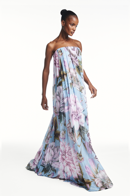 VESTIDO LONGO AMPLO TOMARA QUE CAIA TULE FLORAL AZUL (8980757840099)