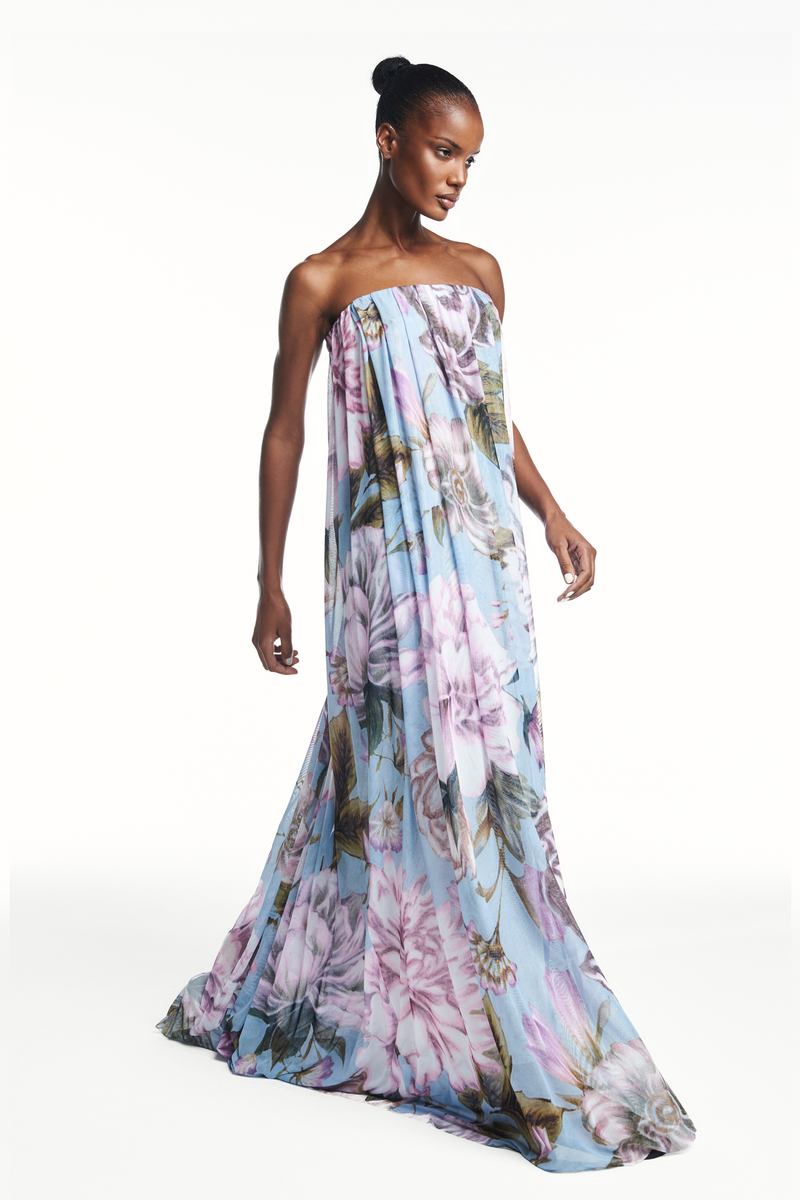 VESTIDO LONGO AMPLO TOMARA QUE CAIA TULE FLORAL AZUL (8980757840099)