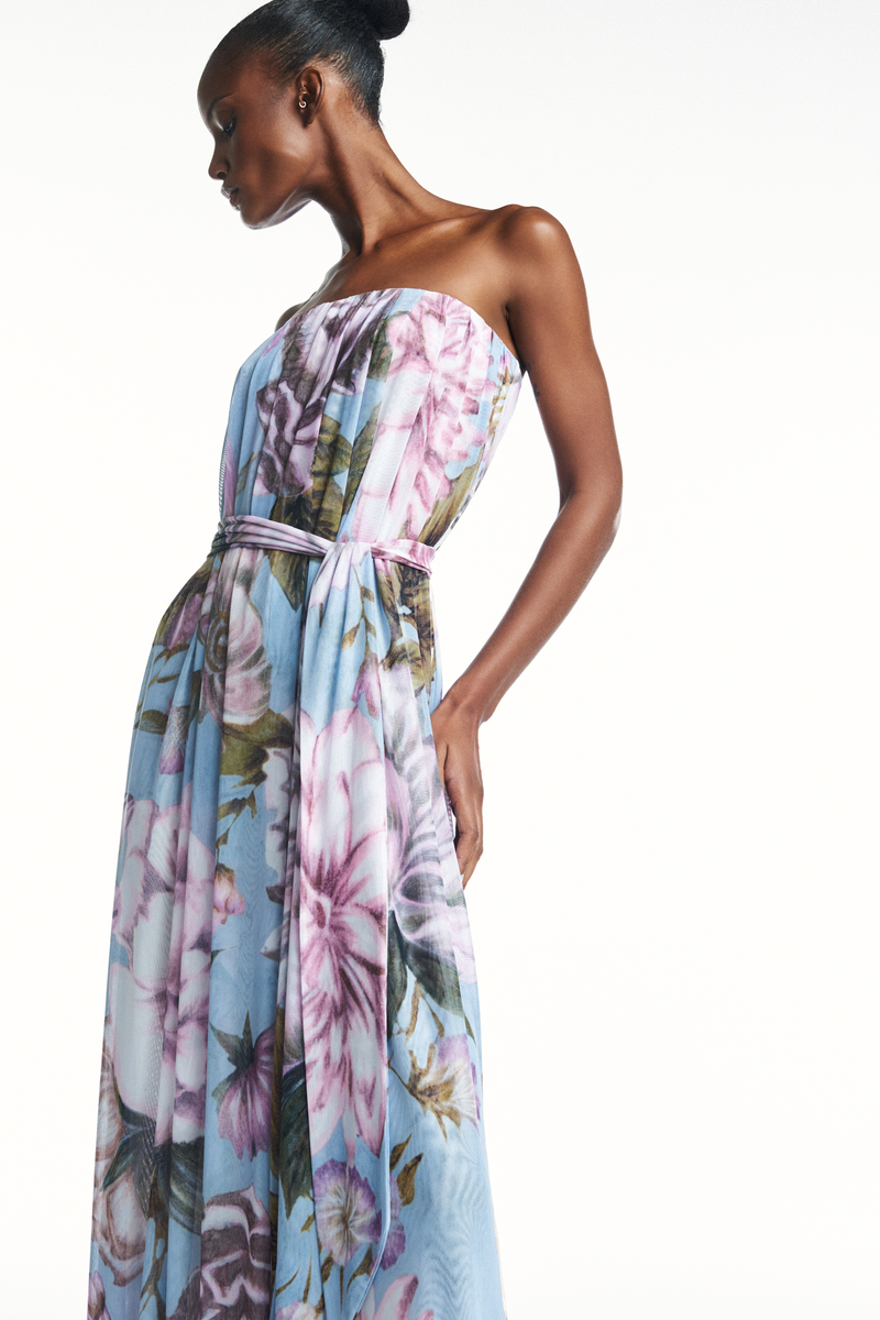 VESTIDO LONGO AMPLO TOMARA QUE CAIA TULE FLORAL AZUL (8980757840099)