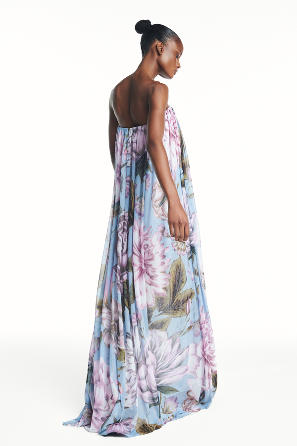 VESTIDO LONGO AMPLO TOMARA QUE CAIA TULE FLORAL AZUL (8980757840099)