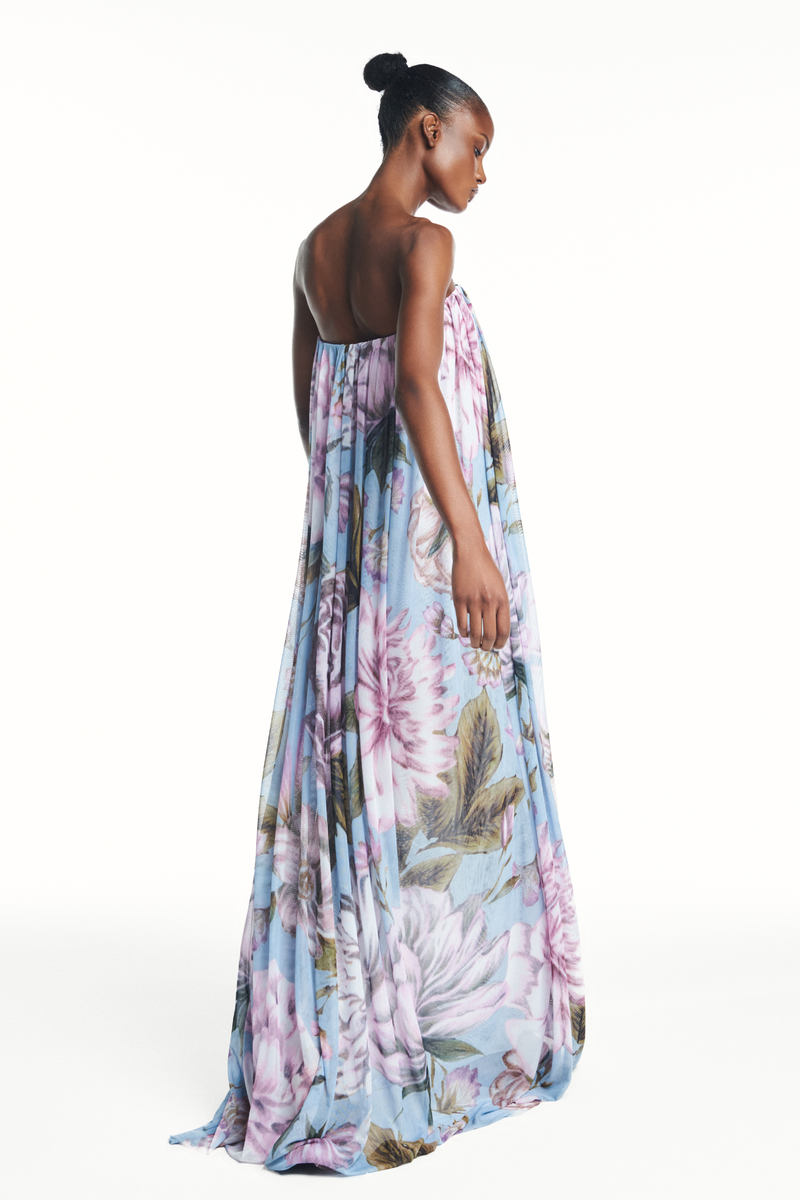 VESTIDO LONGO AMPLO TOMARA QUE CAIA TULE FLORAL AZUL (8980757840099)