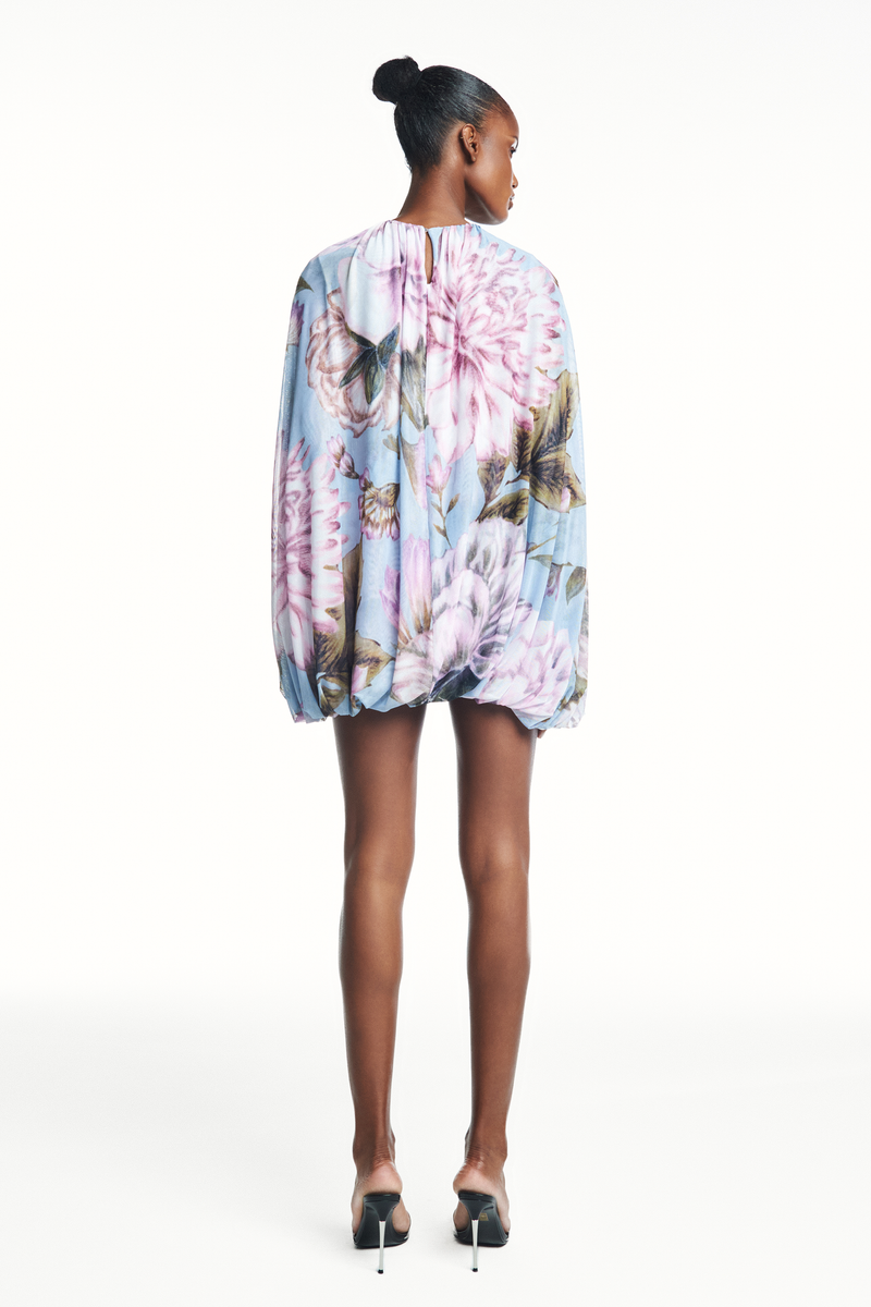 VESTIDO CURTO AMPLO BALONÊ CAPA TULE FLORAL AZUL (8980756365539)