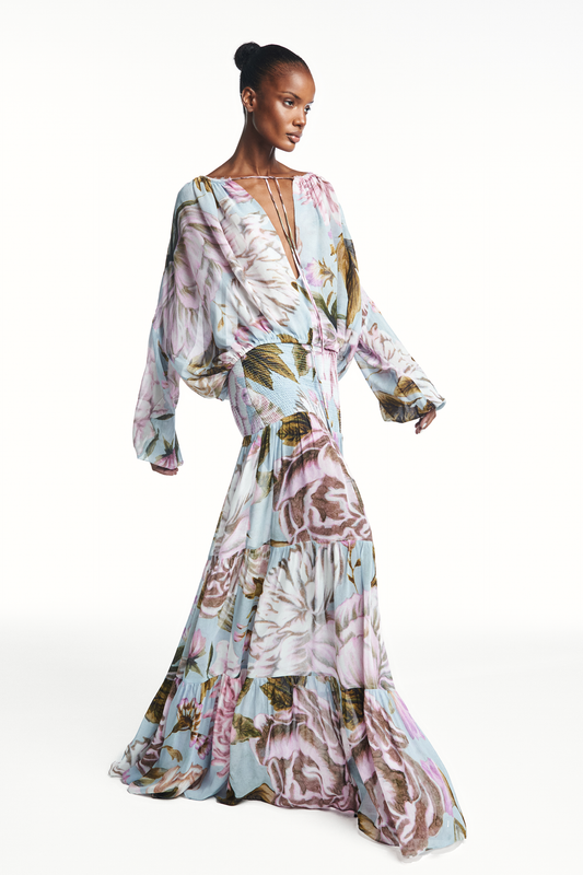 BATA AMPLA MANGA LONGA ELÁSTICOS MANGAS E BARRA GEORGETE FLORAL AZUL (8980749779171)