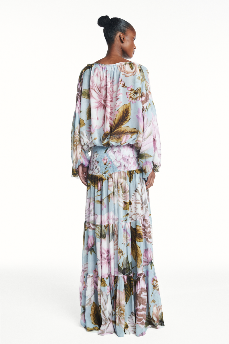 SAIA LONGA CAMADAS PALA LASTEX GEORGETE FLORAL AZUL (8980755415267)