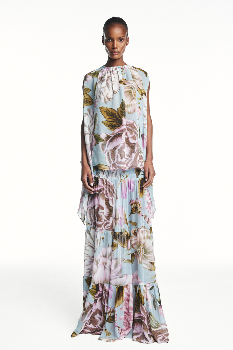 SAIA LONGA CAMADAS PALA LASTEX GEORGETE FLORAL AZUL (8980755415267)