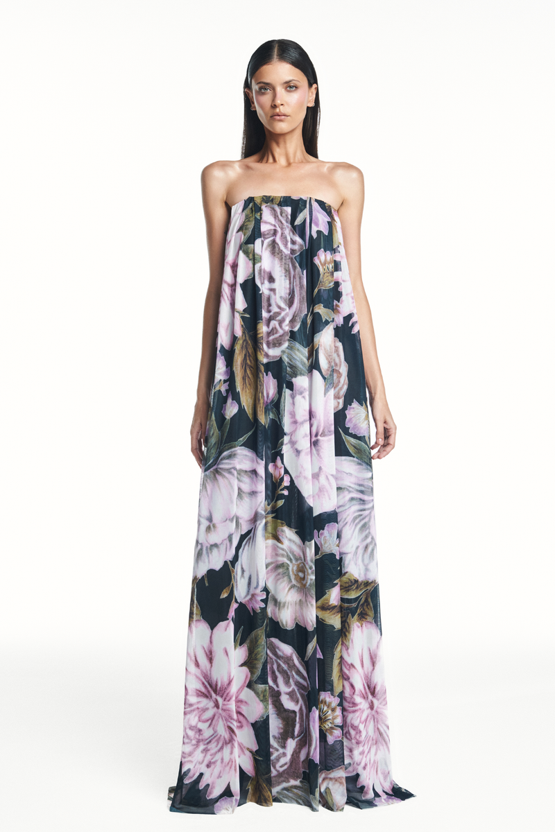VESTIDO LONGO AMPLO TOMARA QUE CAIA TULE FLORAL PRETO (8980758069475)